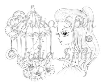 Digital stamp, Digi, Bird, Cage, Steampunk, Girl, Big Eyes, Fairytale, Fantasy Whimsical Coloring pages, Crafting Cardmaking. Bird in a cage