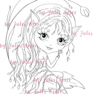 May include: A black and white line art illustration of a fairy with pointed ears, long flowing hair, and a flower in her hand. The fairy is sitting on a rock with a flower stem behind her. The image is by Julia Spiri.