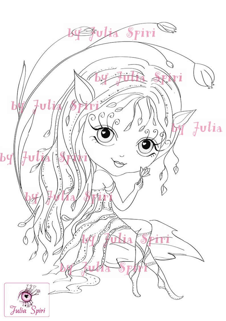 May include: A black and white line art illustration of a fairy with pointed ears, long flowing hair, and a flower in her hand. The fairy is sitting on a rock with a flower stem behind her. The image is by Julia Spiri.