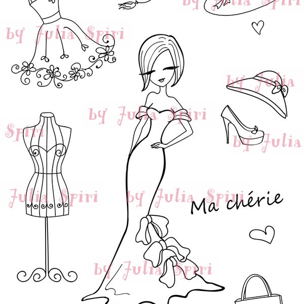 Digital Stamp + bonus elements for cut,  Paris stamps, Parisian girl, Fashion stamps, Dress. The Paris Collection. Fashion in Paris.