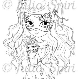 May include: A black and white line drawing of a girl wearing a masquerade mask and holding a cat. The girl has long flowing hair and is wearing a dress with a floral pattern. The cat is wearing a masquerade mask and is holding a feather.