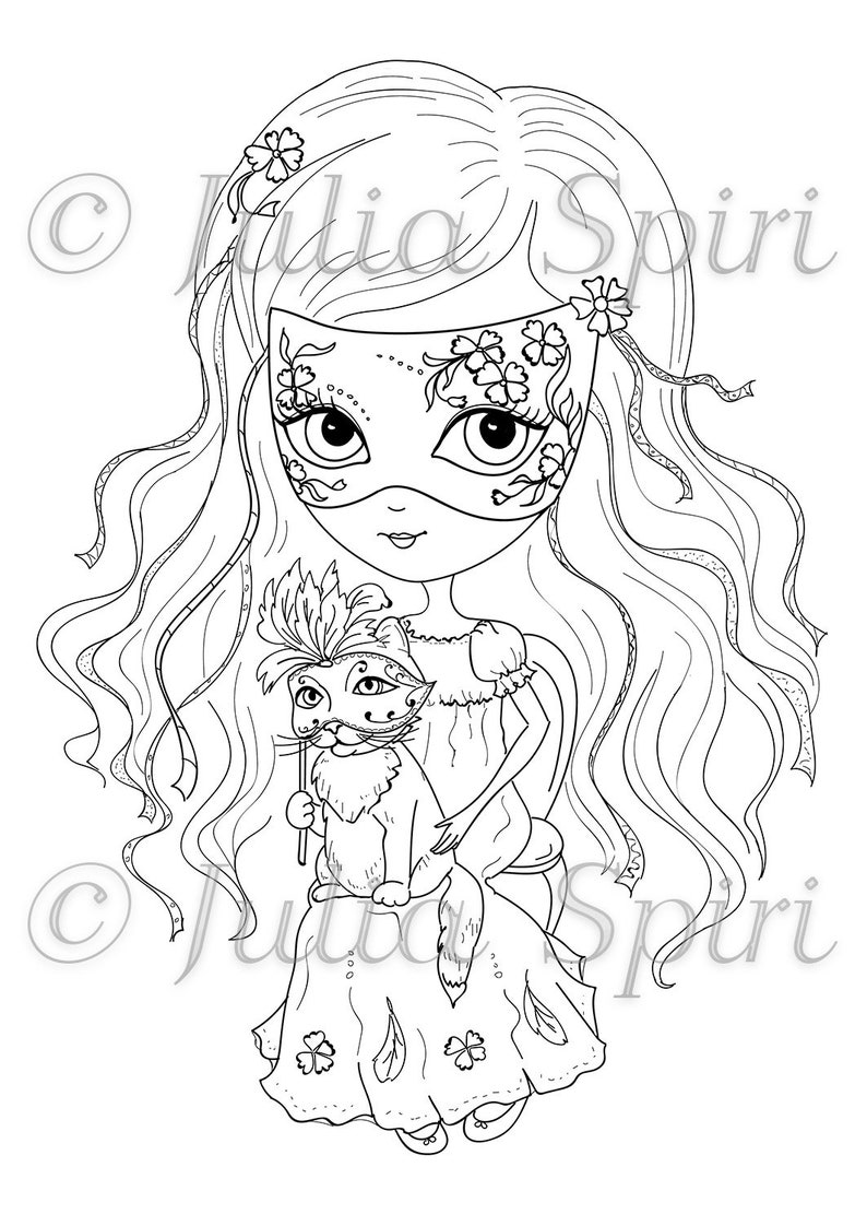 May include: A black and white line drawing of a girl wearing a masquerade mask and holding a cat. The girl has long flowing hair and is wearing a dress with a floral pattern. The cat is wearing a masquerade mask and is holding a feather.