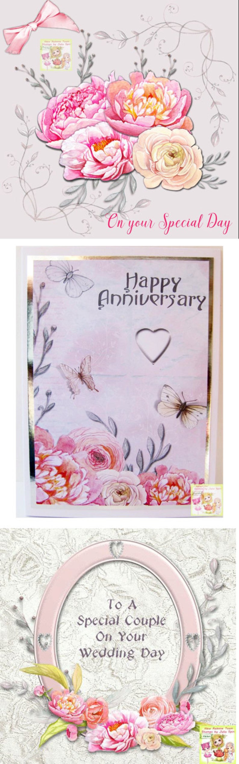 May include: A pink and white floral card with the text "On your Special Day" and "Happy Anniversary". The card features a heart-shaped cutout and butterflies.
