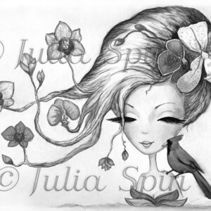 May include: A black and white illustration of a woman with long hair styled with flowers. The woman has large eyes and a delicate face. A cardinal bird is perched on her shoulder. The image is signed "Julia Spi" in the bottom right corner.