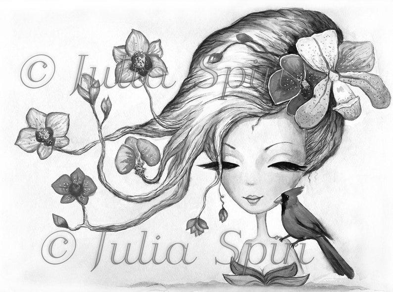 May include: A black and white illustration of a woman with long hair styled with flowers. The woman has large eyes and a delicate face. A cardinal bird is perched on her shoulder. The image is signed "Julia Spi" in the bottom right corner.