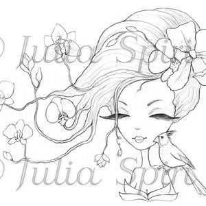 May include: A black and white line drawing of a woman with long flowing hair, adorned with flowers. She has a bird perched on her shoulder. The drawing is in a whimsical style.