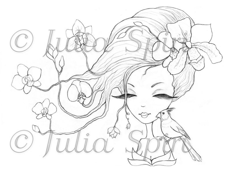 May include: A black and white line drawing of a woman with long flowing hair, adorned with flowers. She has a bird perched on her shoulder. The drawing is in a whimsical style.