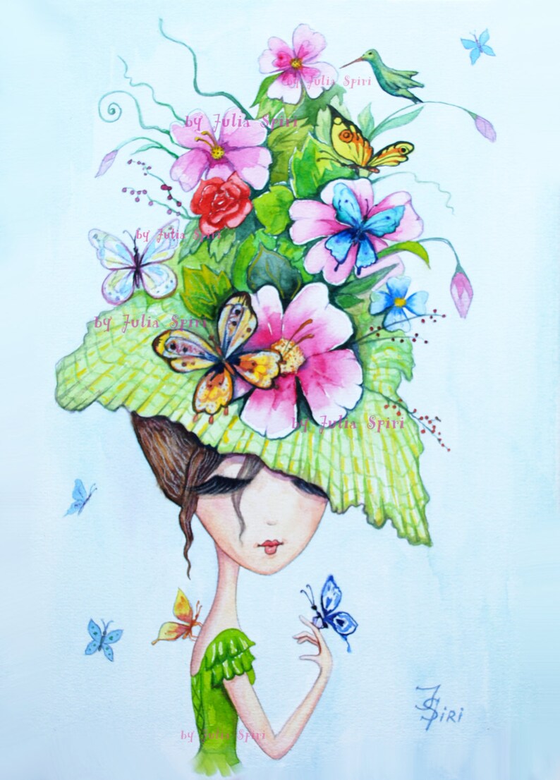 May include: A watercolor painting of a woman with a large hat made of flowers and butterflies. The hat is green and has pink, white, and yellow flowers. There are butterflies of various colors on the hat, including blue, yellow, and orange. The woman is wearing a green dress and has brown hair. The background is a light blue.