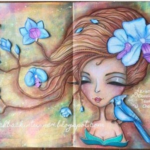 May include: A watercolor painting of a woman with long flowing hair, blue eyes, and a blue bird perched on her shoulder. The woman is wearing a teal dress and has a blue flower in her hair. The background is a soft, pastel color with a floral design.