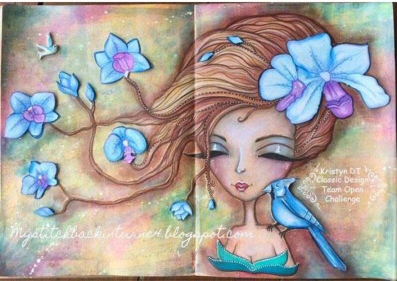 May include: A watercolor painting of a woman with long flowing hair, blue eyes, and a blue bird perched on her shoulder. The woman is wearing a teal dress and has a blue flower in her hair. The background is a soft, pastel color with a floral design.