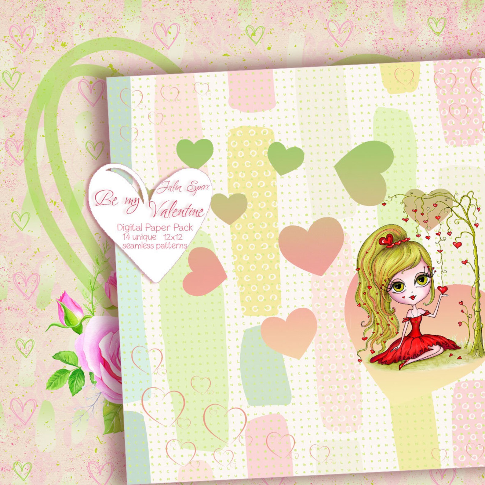 Love Digital Paper Pack, Seamless Patterns, Heart, Flowers Roses ...