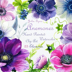 Watercolor Flowers Clipart, Anemone, Wedding Invitation, Juniper berries, Floral Set, Leaf, Sprig, Purple Greeting card, Diy. Anemones