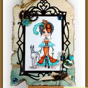 May include: A whimsical illustration of a woman in a steampunk-inspired outfit with a feathered hat and a dog. The illustration is framed in black and set on a wooden easel. The text "I design for Stamps by Julia Spirit Tina" is visible in the lower right corner.