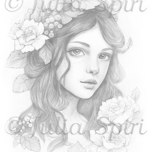 May include: Pencil drawing of a woman with long wavy hair, adorned with a floral crown and roses. The artwork is in grayscale, featuring delicate shading and fine details. The artist's name, Julia Spiri, is visible.