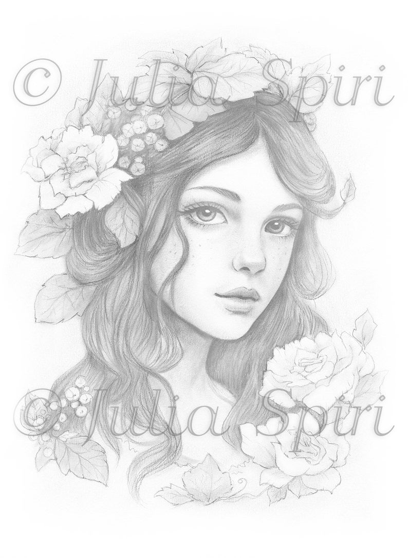 May include: Pencil drawing of a woman with long wavy hair, adorned with a floral crown and roses. The artwork is in grayscale, featuring delicate shading and fine details. The artist's name, Julia Spiri, is visible.