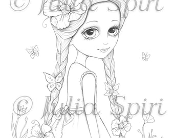 Coloring Page, Summer Girl with flowers. Abigail