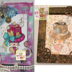 May include: Two framed images of a whimsical cartoon character with a large hat and a bow. The character is wearing a pink and blue hat with gears and a bow. The character is holding a small animal. The frames are decorated with gears and other embellishments.