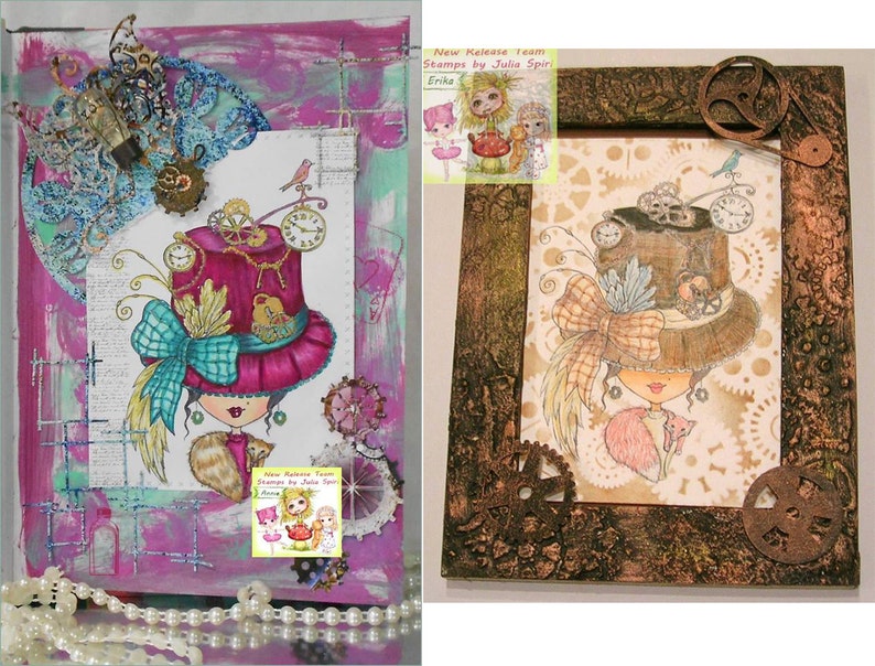 May include: Two framed images of a whimsical cartoon character with a large hat and a bow. The character is wearing a pink and blue hat with gears and a bow. The character is holding a small animal. The frames are decorated with gears and other embellishments.