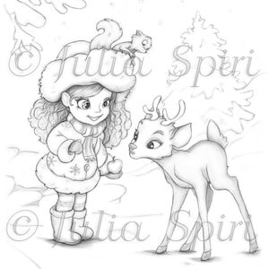 May include: A black and white illustration of a young girl in a winter hat and coat offering an apple to a small deer. The girl is wearing a scarf and mittens. The deer is looking at the apple. The background is a snowy forest.
