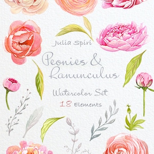 May include: Watercolor illustration set of 18 elements featuring pink and white peonies and ranunculus flowers. The set includes individual flowers, buds, and leaves. The text "Julia Spiri Peonies & Ranunculus Watercolor Set 18 Elements" is included in the image.