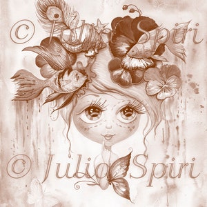 May include: A sepia toned illustration of a girl with large eyes and a crown of flowers, fish, and a peacock feather. The girl is holding a butterfly in her hand. The image is signed "Julio Spiri" in the bottom right corner.