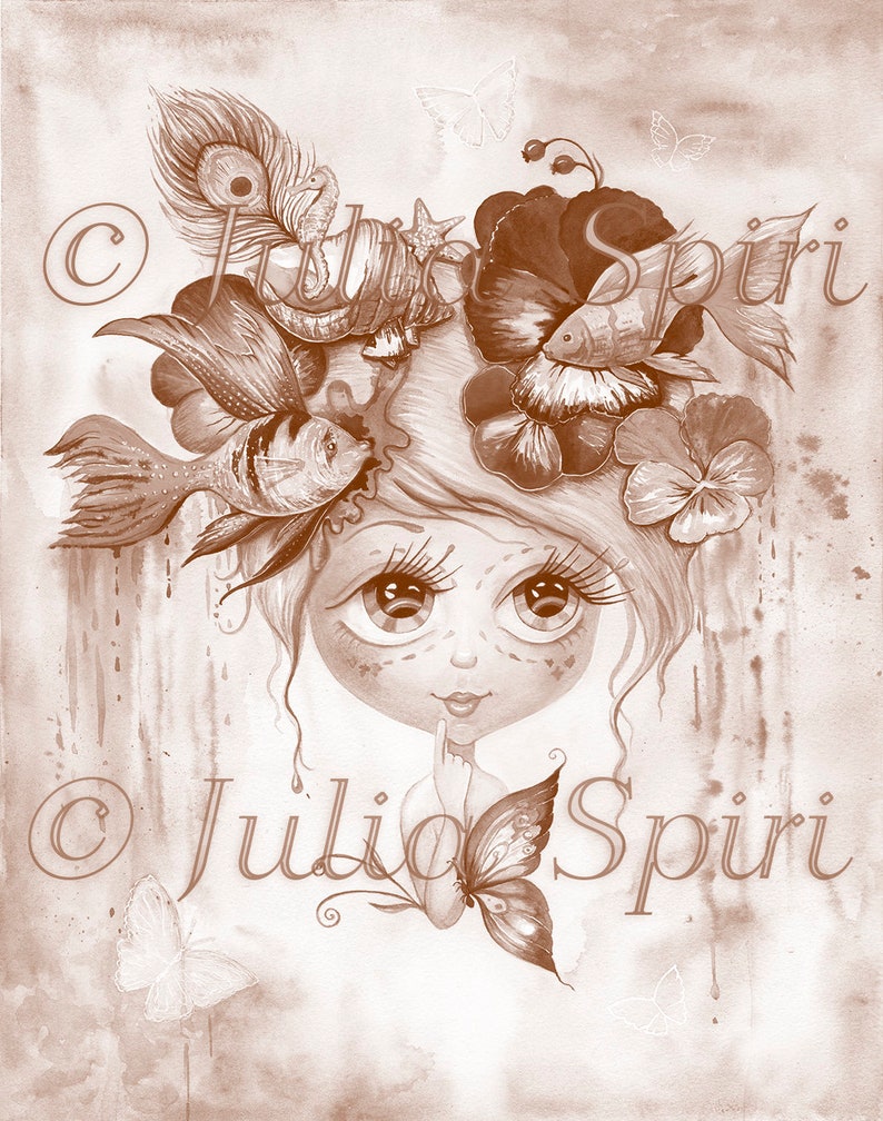 May include: A sepia toned illustration of a girl with large eyes and a crown of flowers, fish, and a peacock feather. The girl is holding a butterfly in her hand. The image is signed "Julio Spiri" in the bottom right corner.