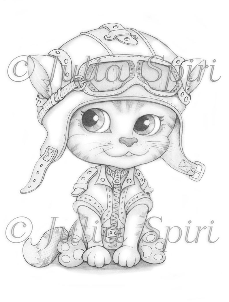 Steampunk Coloring Page, Digital stamp, Digi, Pet, Gears, Glasses, Mechanic, Metal, Iron, Helmet, Crafting, Fantasy, Whimsy. Aviator Cat image 1