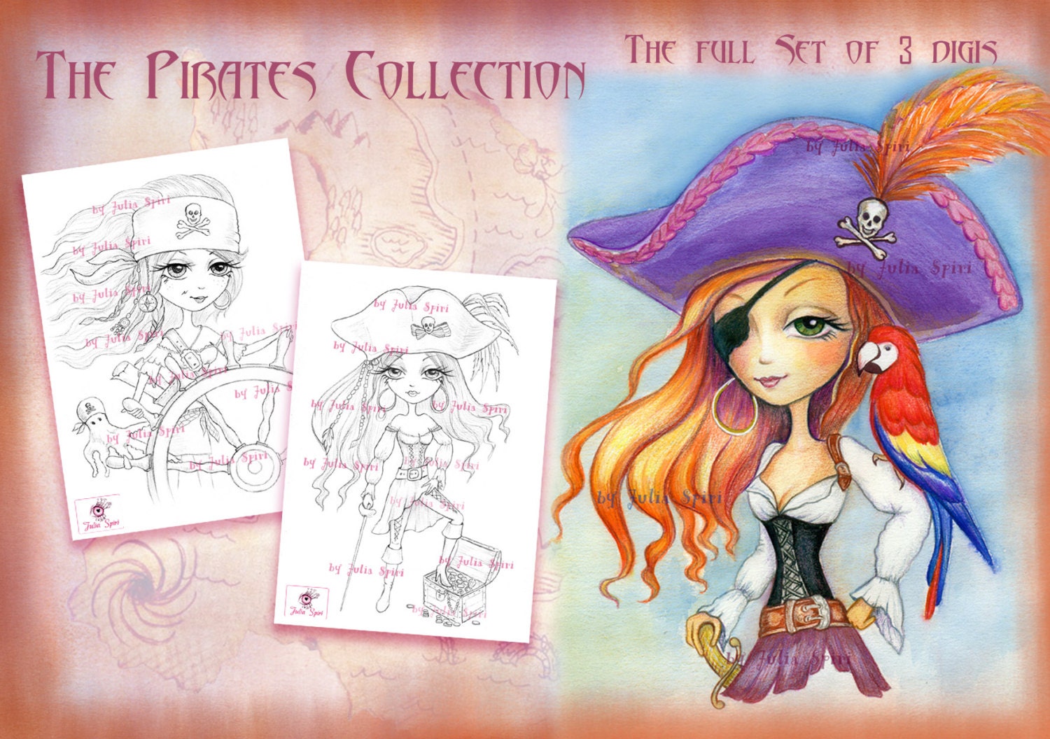 Pirates Digital Stamps Set Of 3 Girl Pirate