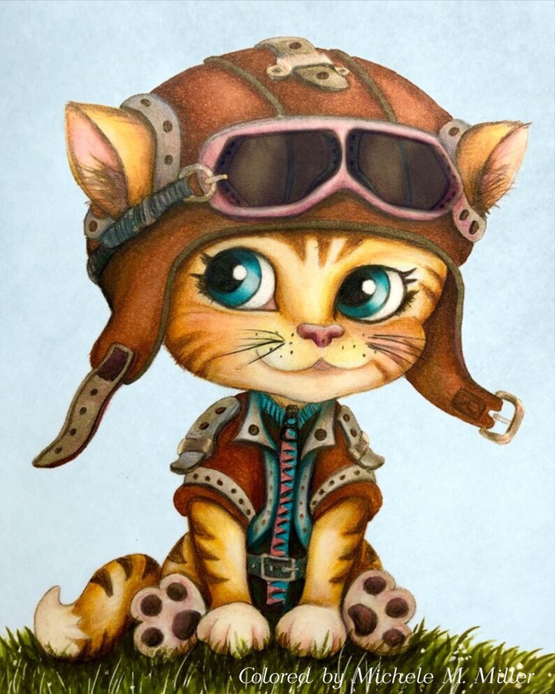 Steampunk Coloring Page, Digital stamp, Digi, Pet, Gears, Glasses, Mechanic, Metal, Iron, Helmet, Crafting, Fantasy, Whimsy. Aviator Cat image 2