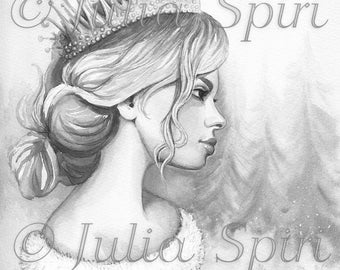 Grayscale Coloring Page, Digital stamp, Digi, Girl, Fantasy, Realistic women, Snow, Crown, Crafting, Scrap, Black & White. Winter Queen