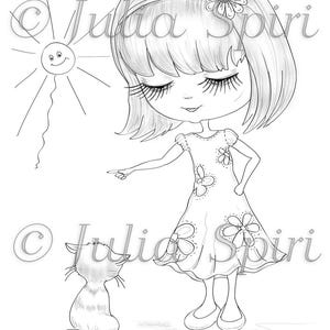 Coloring pages, Little Whimsy Girl and Cat. Girl & Guilty Kitten.
