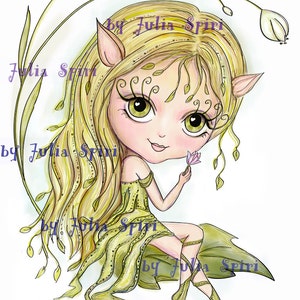 May include: A whimsical illustration of a fairy with long blonde hair, wearing a green dress and holding a purple flower. The fairy has large green eyes and pointed ears. The background is a light blue with green vines and white flowers.