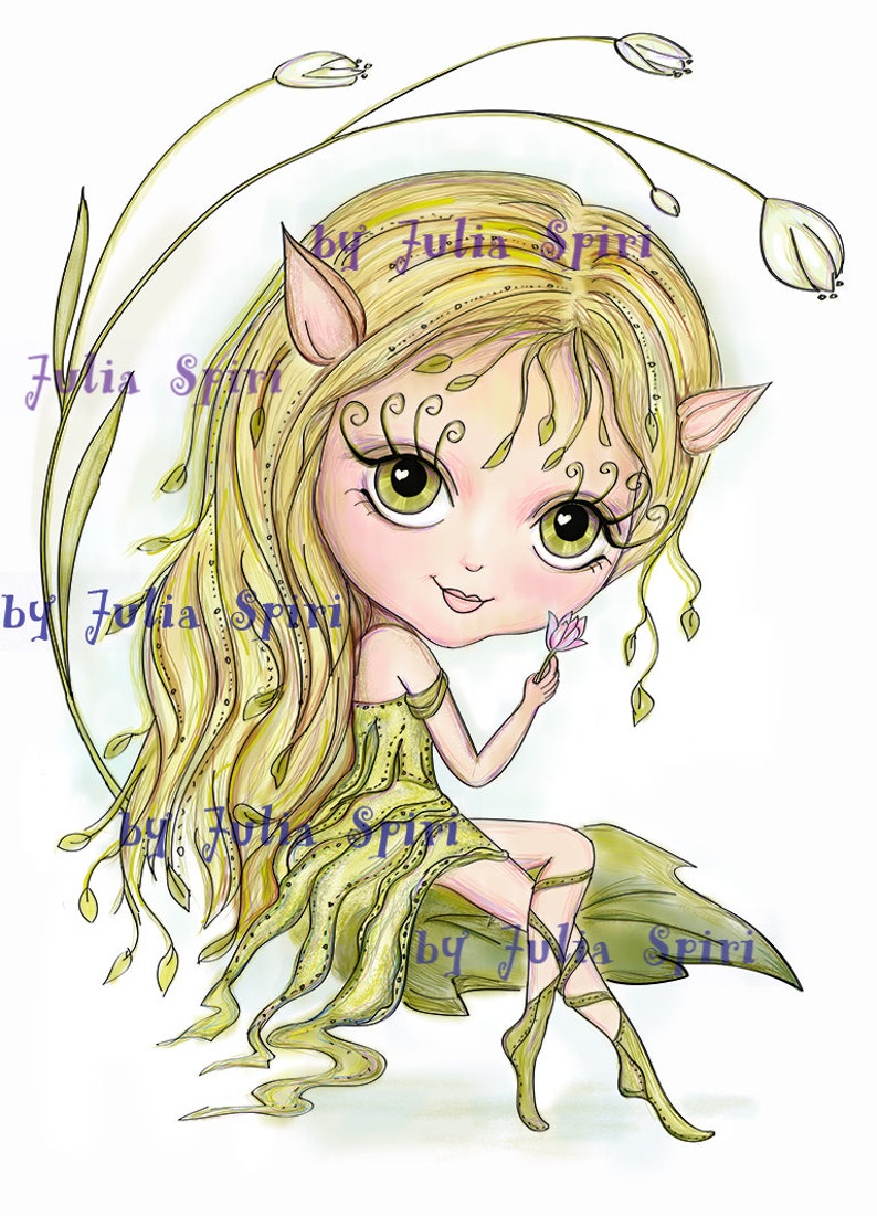 May include: A whimsical illustration of a fairy with long blonde hair, wearing a green dress and holding a purple flower. The fairy has large green eyes and pointed ears. The background is a light blue with green vines and white flowers.