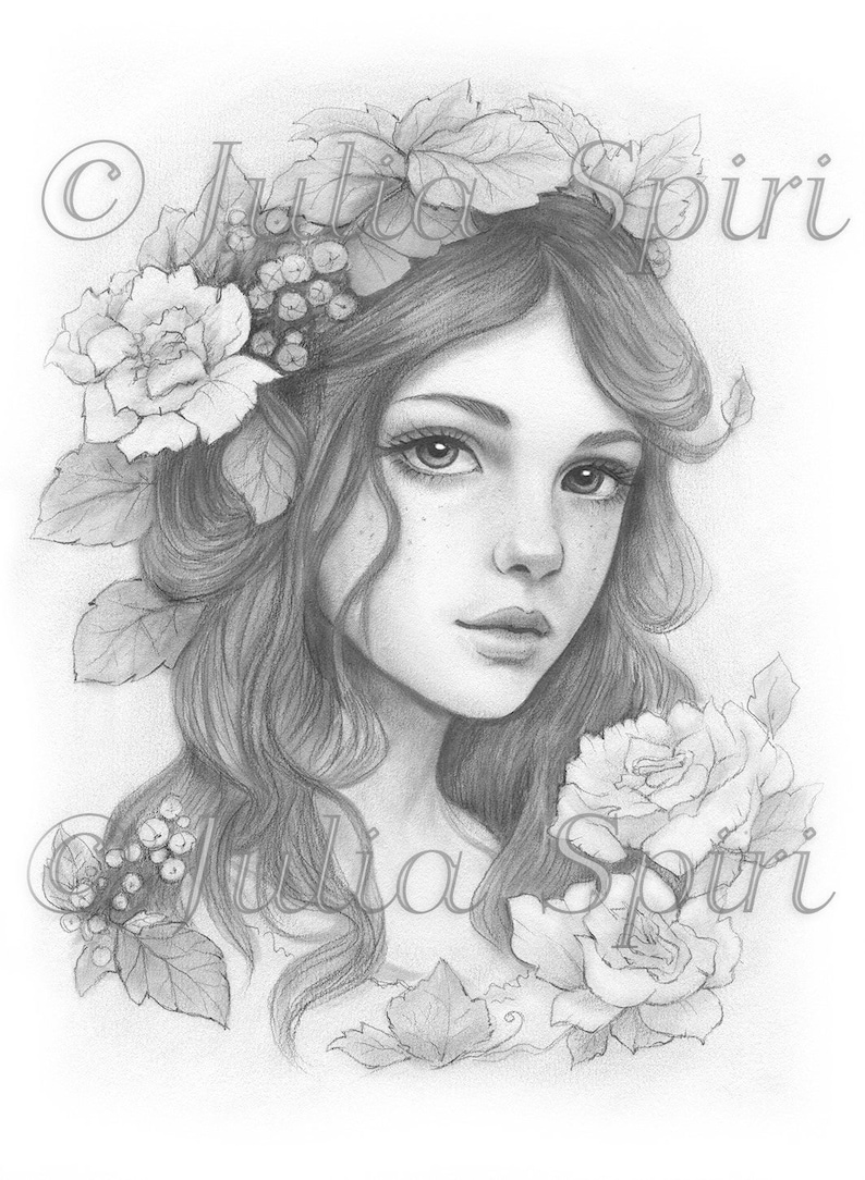 May include: A detailed pencil drawing of a woman with long, wavy hair, adorned with a floral crown and roses. The artwork features delicate shading and the artist's signature, "Julia Spiri."