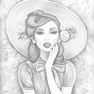 Grayscale Coloring Page, Digital stamp, Digi, Girl Vintage, Hat, Red hair, Flowers, Realistic portrait, Black & White lineart. Madeline image 2