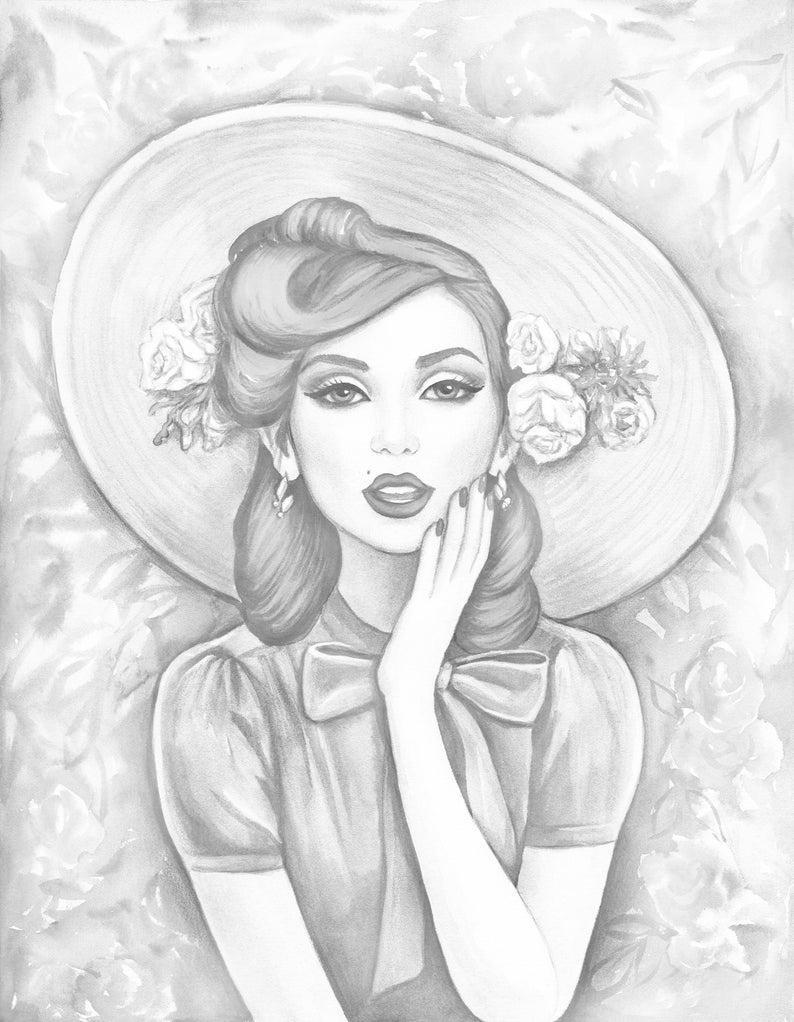 Grayscale Coloring Page, Digital stamp, Digi, Girl Vintage, Hat, Red hair, Flowers, Realistic portrait, Black & White lineart. Madeline image 2
