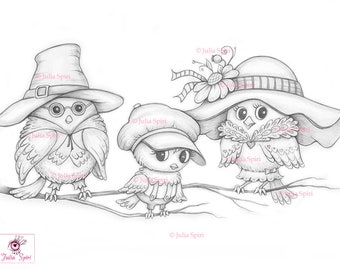 Bird Coloring Page, Digital stamp, Digi, Sparrow, Dad, Mom, Child, Son, Hats, Crafting, Fantasy, Whimsy, Crafting. Family of Birds