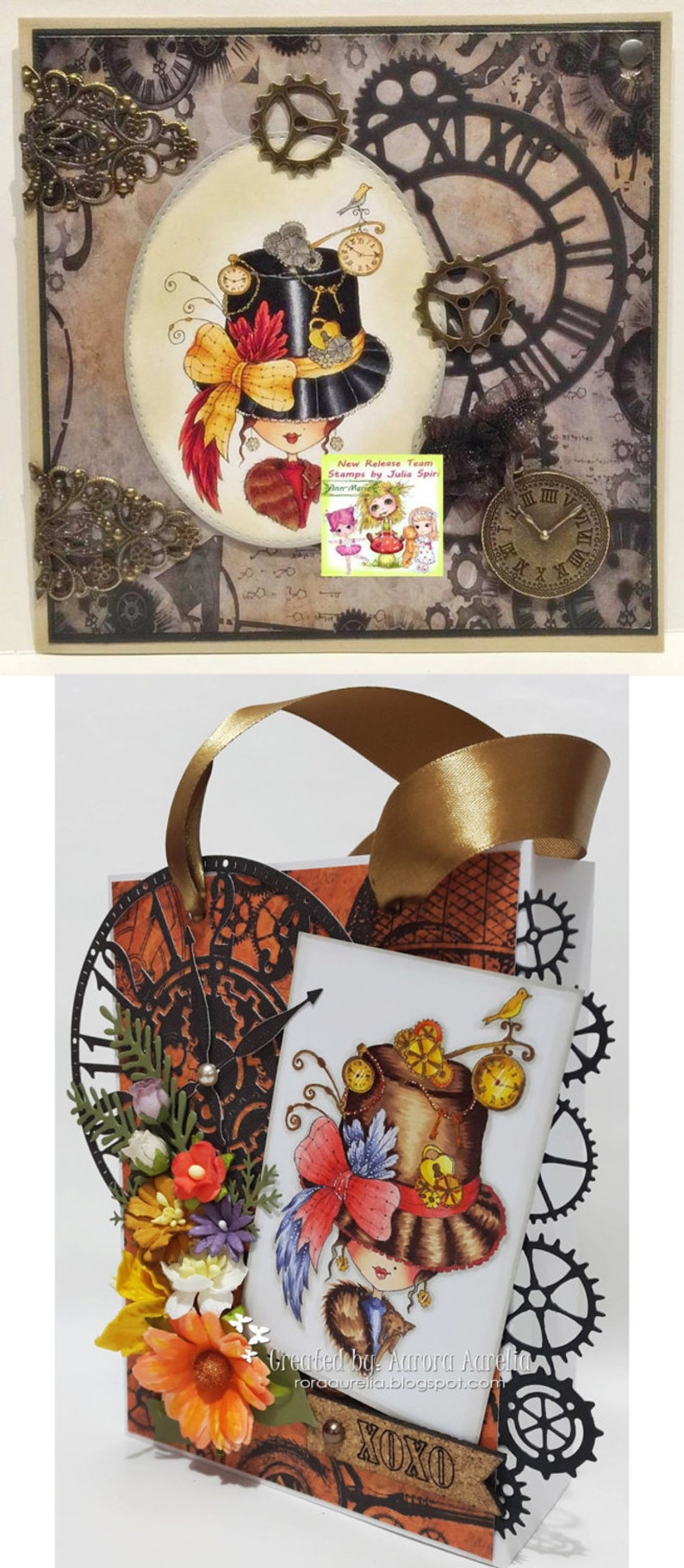 May include: A steampunk-themed card with a clock face and gears. The card features a whimsical illustration of a girl with a top hat and a bow. The text "New Release Team Stamps by Julia Spiri" is visible on the card. The card is decorated with flowers and a gold ribbon.
