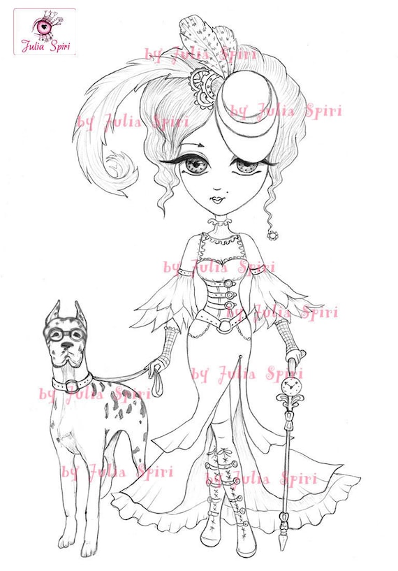 Digital stamps, Steampunk Digi, Lady, Metal, Gear, Iron, Fairy, Mechanic, Dog, Coloring pages, Vintage, Crafting Cardmaking. Steampunk Lady