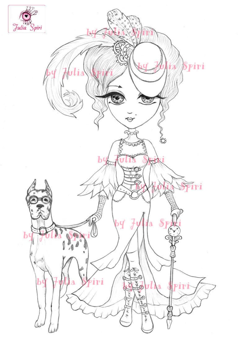 May include: A black and white line drawing of a woman in a steampunk-inspired outfit with a feathered hat and a long dress. She is holding a walking stick with a clock face and is walking a Great Dane with goggles. The drawing is signed "by Julia Spiri" multiple times.