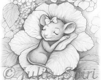 Grayscale Coloring Page, Fantasy Garden. A Hydrangea Bed for the Sleeping Sweet Mouse