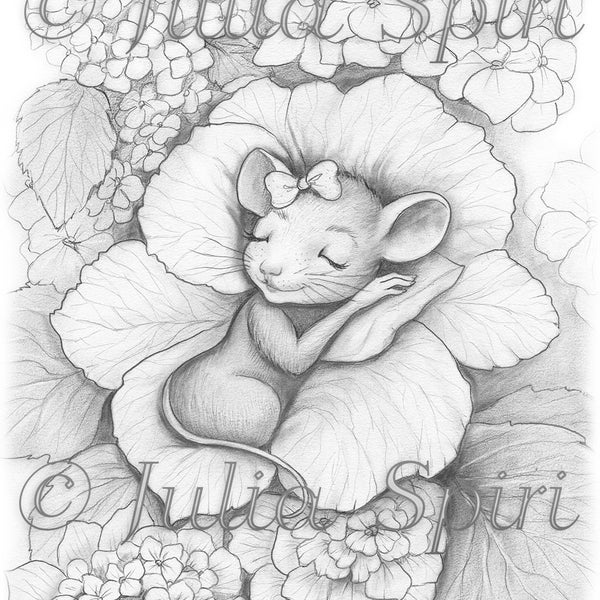 Grayscale Coloring Page, Fantasy Garden. A Hydrangea Bed for the Sleeping Sweet Mouse