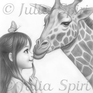 Coloring Page, Cute Girl, Fantasy Portrait, Little Girl, Drawing, Grayscale. Polly and Giraffe