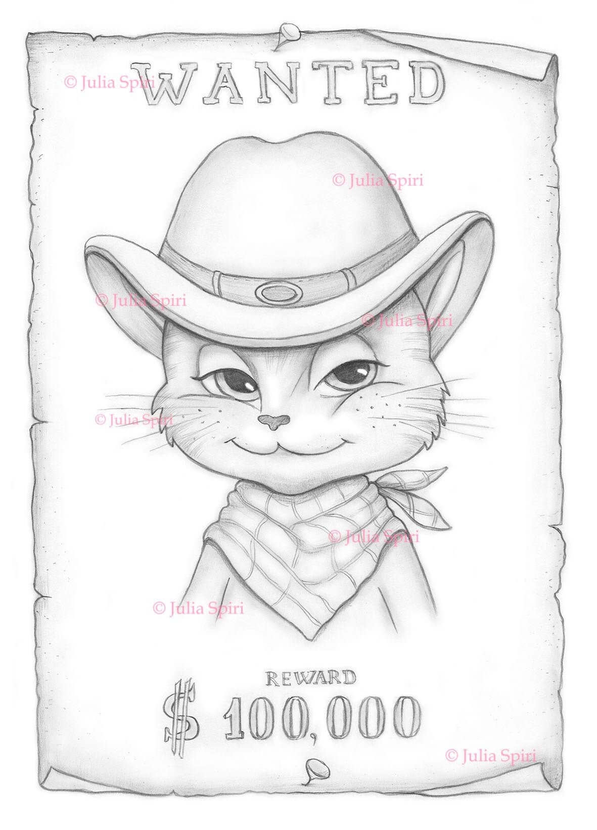 Coloring Page, Digital stamp, Digi, Cat, Fun poster, Bandit, Robber, Reward, Whimsy, Crafting, Scrapbooking, Grayscale Black & White. Wanted