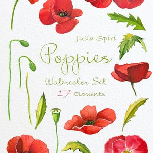 Watercolor Poppies Flowers Clipart, Poppy Hand Painted, Watercolor Flowers, Wedding, Invitation, Diy, Red, PNG Elements, Invite. Poppies image 2