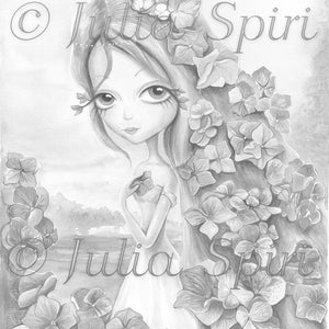 May include: Black and white illustration of a girl with long hair adorned with flowers. She is wearing a white dress and has large eyes. The background is a blurry landscape with a river.