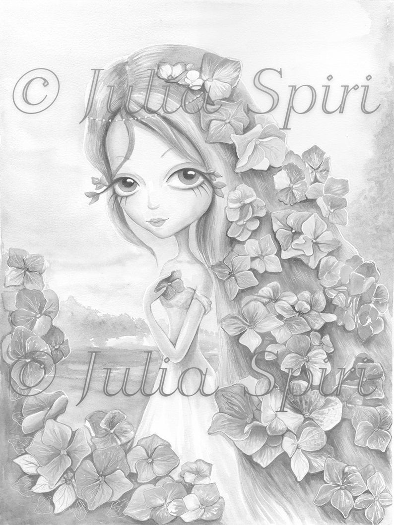 May include: Black and white illustration of a girl with long hair adorned with flowers. She is wearing a white dress and has large eyes. The background is a blurry landscape with a river.