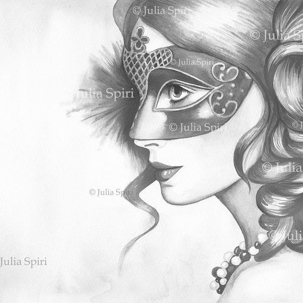 Grayscale Coloring Page, Digital stamp, Digi, Venice Girl, Carnival, Fantasy, Realistic, Crafting, Scrapbooking Black & White. Venetian Mask