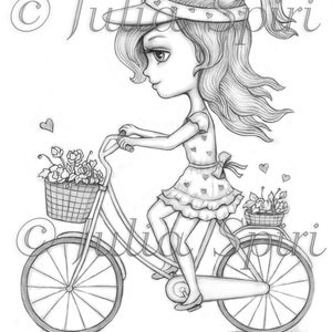Pagina da colorare di viaggio, timbro digitale, Digi, ragazza, viaggiatrice, bicicletta, viaggio, tour, artigianato, fantasia. Sophia