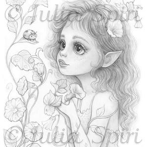May include: A pencil sketch of a young fairy with long, curly hair, large eyes, and pointed ears. She holds flowers and is surrounded by morning glories and a ladybug. The artist's signature, "Julia Spiri," is visible.